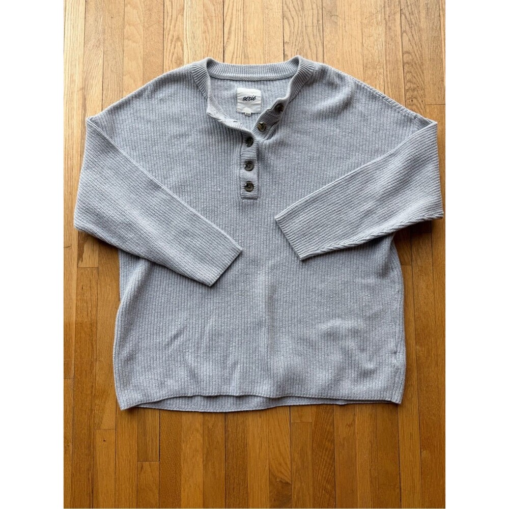 aerie Light Gray Ribbed Henley Pullover Sweater Oversized 100% Cotton Cozy Comfy